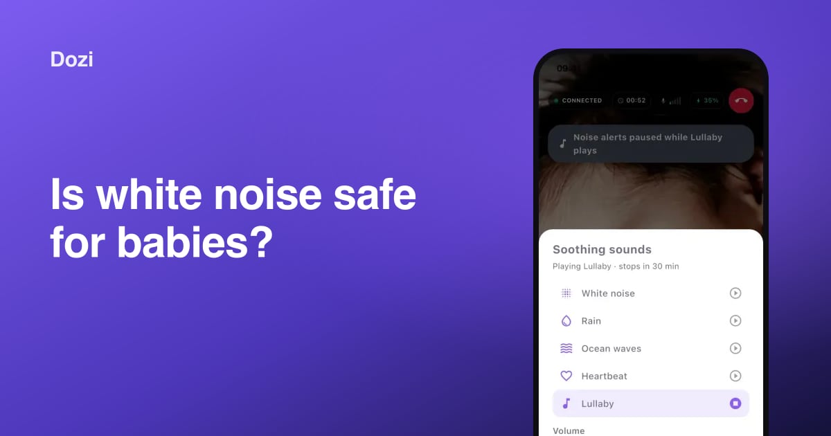 A phone showing soothing sound options such as white noise, rain and lullaby for a baby's room