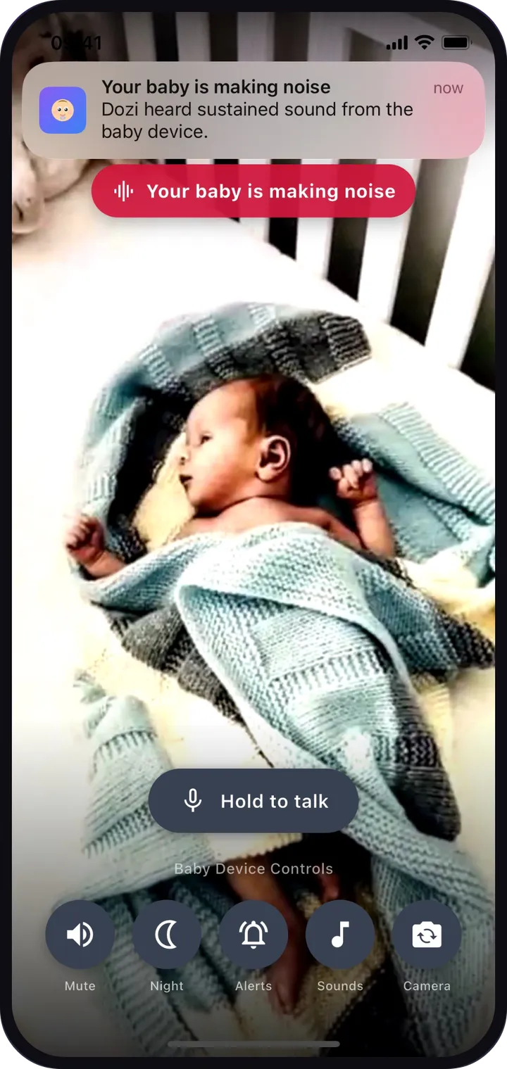 Dozi alert banner over the live video saying the baby is making noise