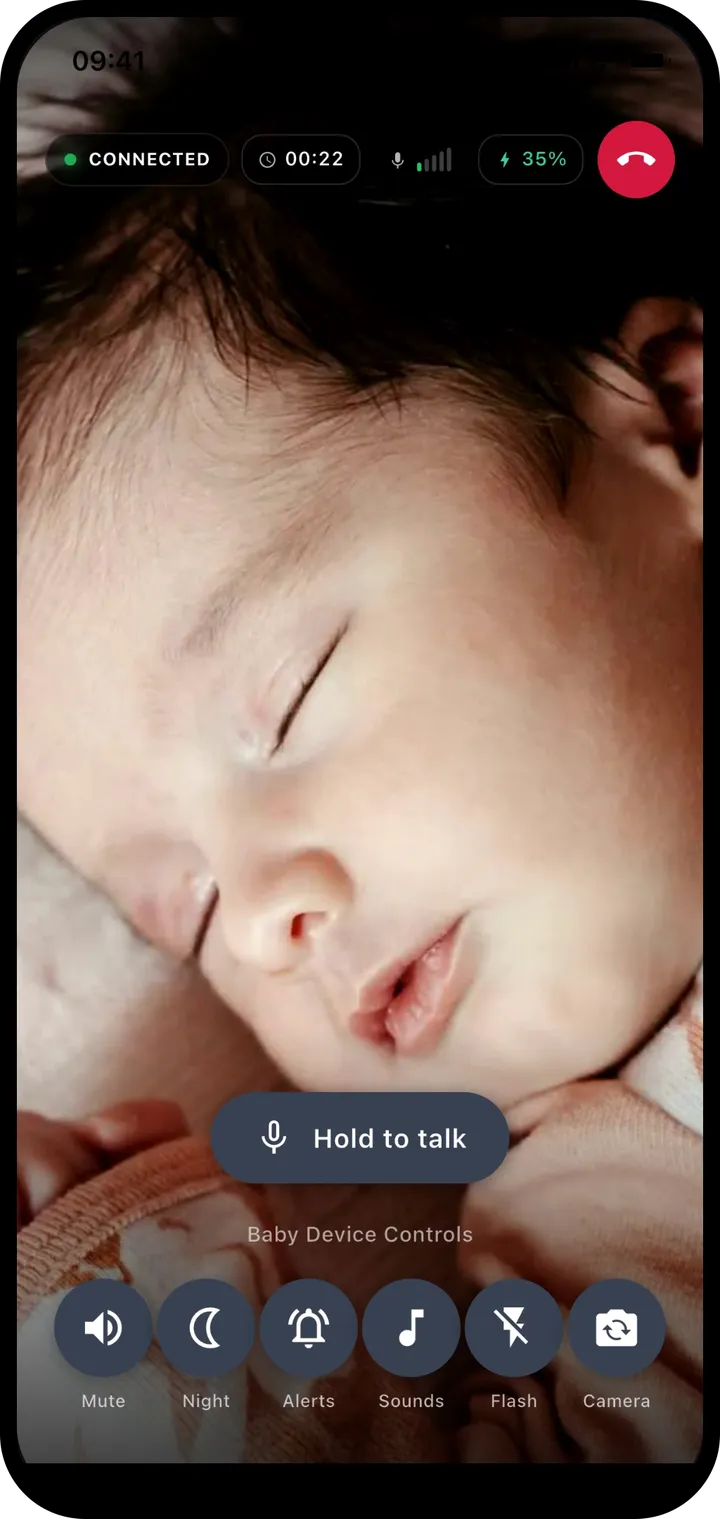 Dozi parent screen showing a live video of a sleeping baby, with hold-to-talk and baby device controls