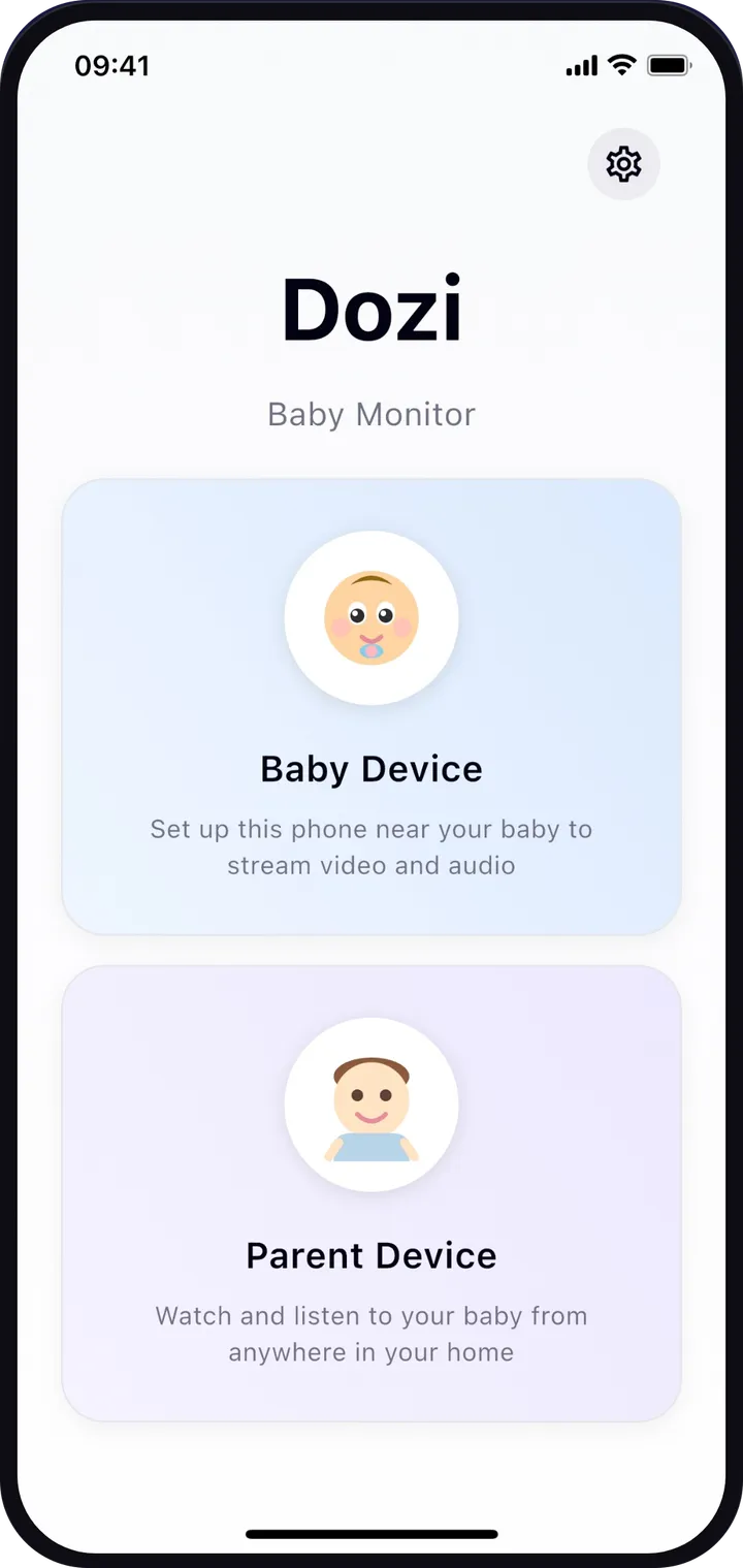 Dozi start screen with the choice between Baby Device and Parent Device