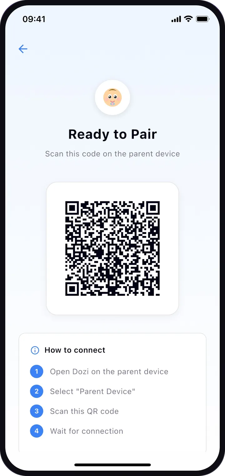 Dozi pairing screen showing a QR code to scan with the parent device